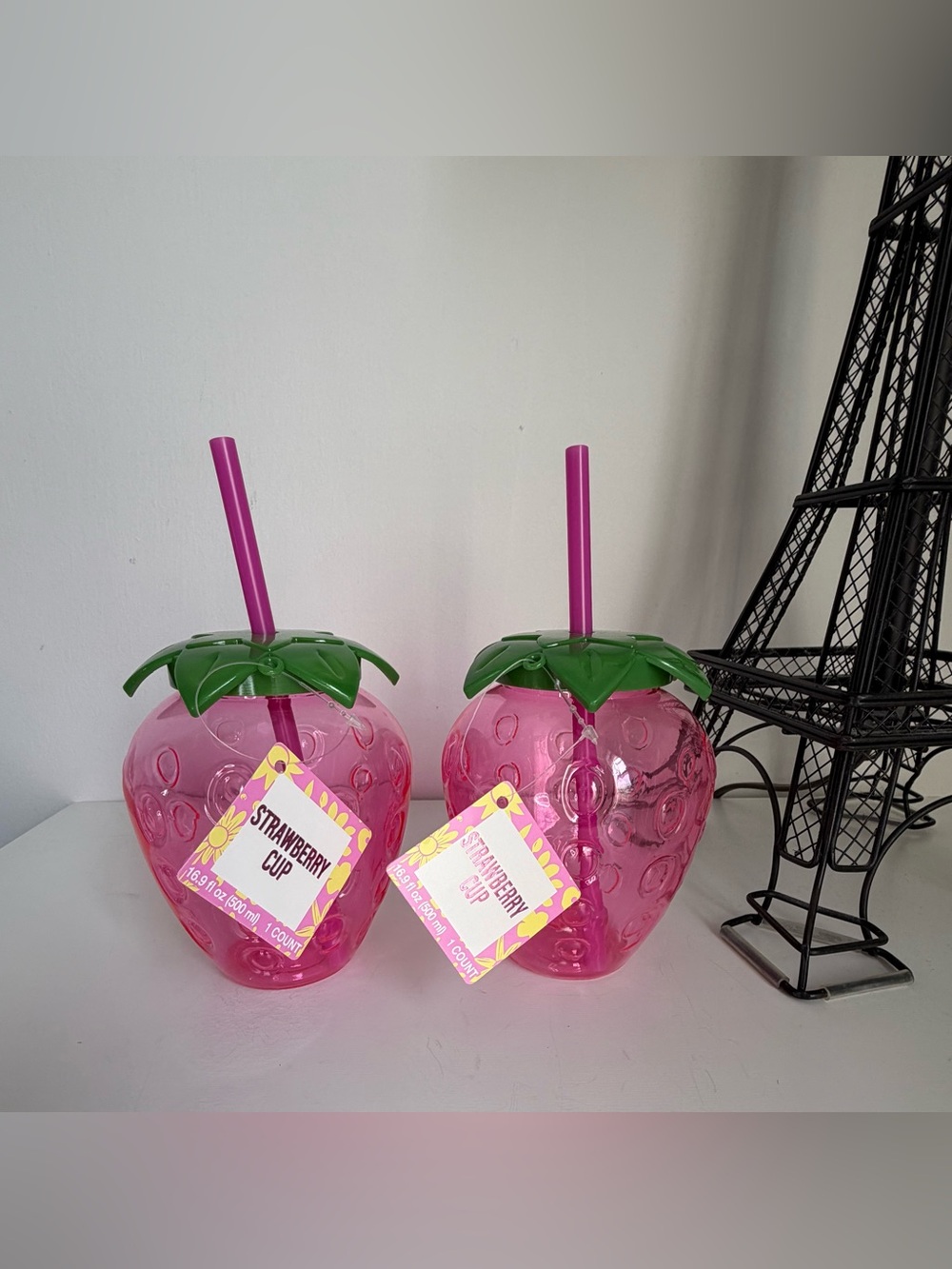 2 Strawberry Cup Pink Tumbler with Green Leaf Lid and Straw